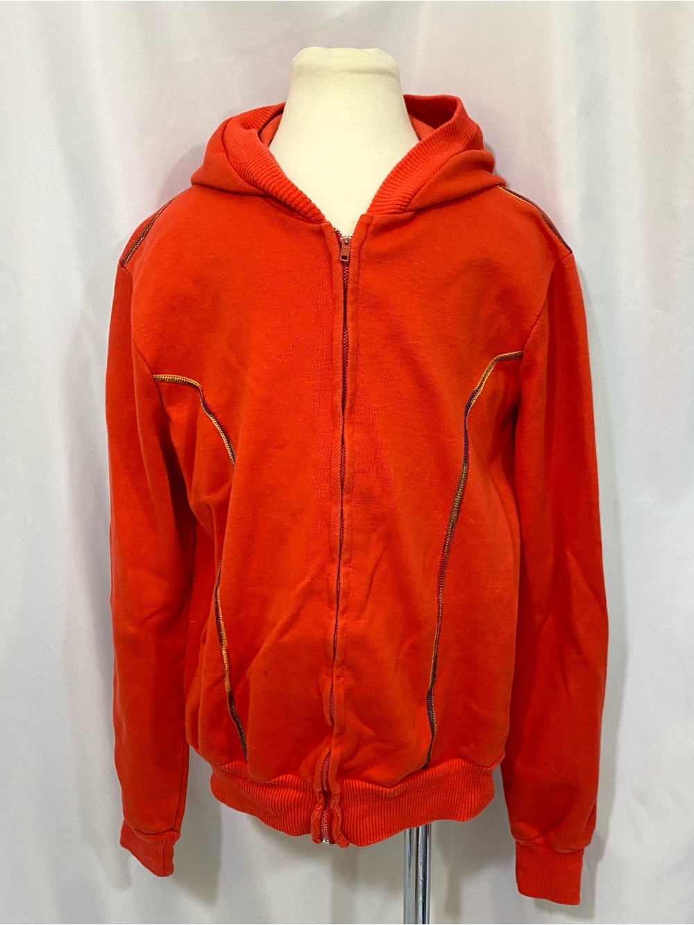 Vintage 70’s Kids Orange Zip-Up Rainbow Stitched Hoodie Size Small